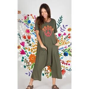 Natural Life Peace Graphic Olive Green Wide-Leg Jumpsuit S/M Short Sleeve